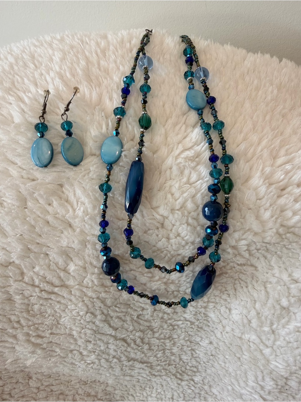 Blue Multi-Bead Layered Necklace with Matching Earrings